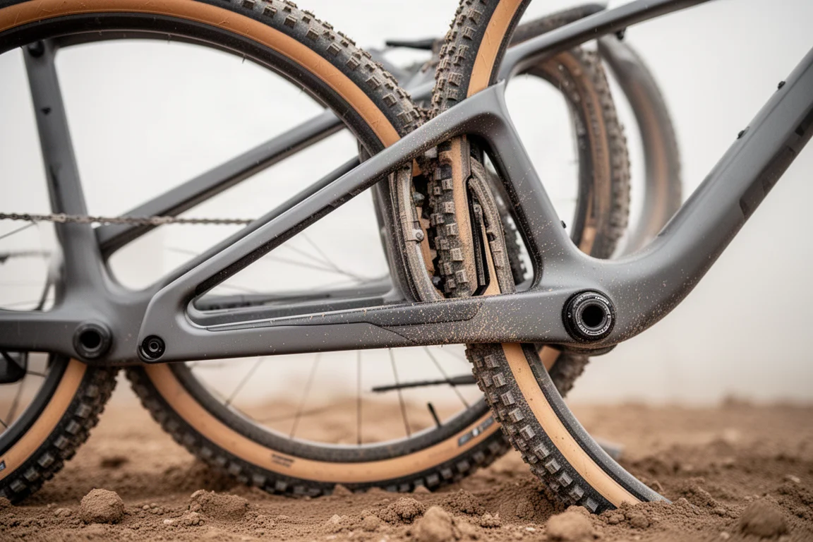 Close-up van de aandrijflijn en achterderailleur van een gravelbike op een stoffig pad