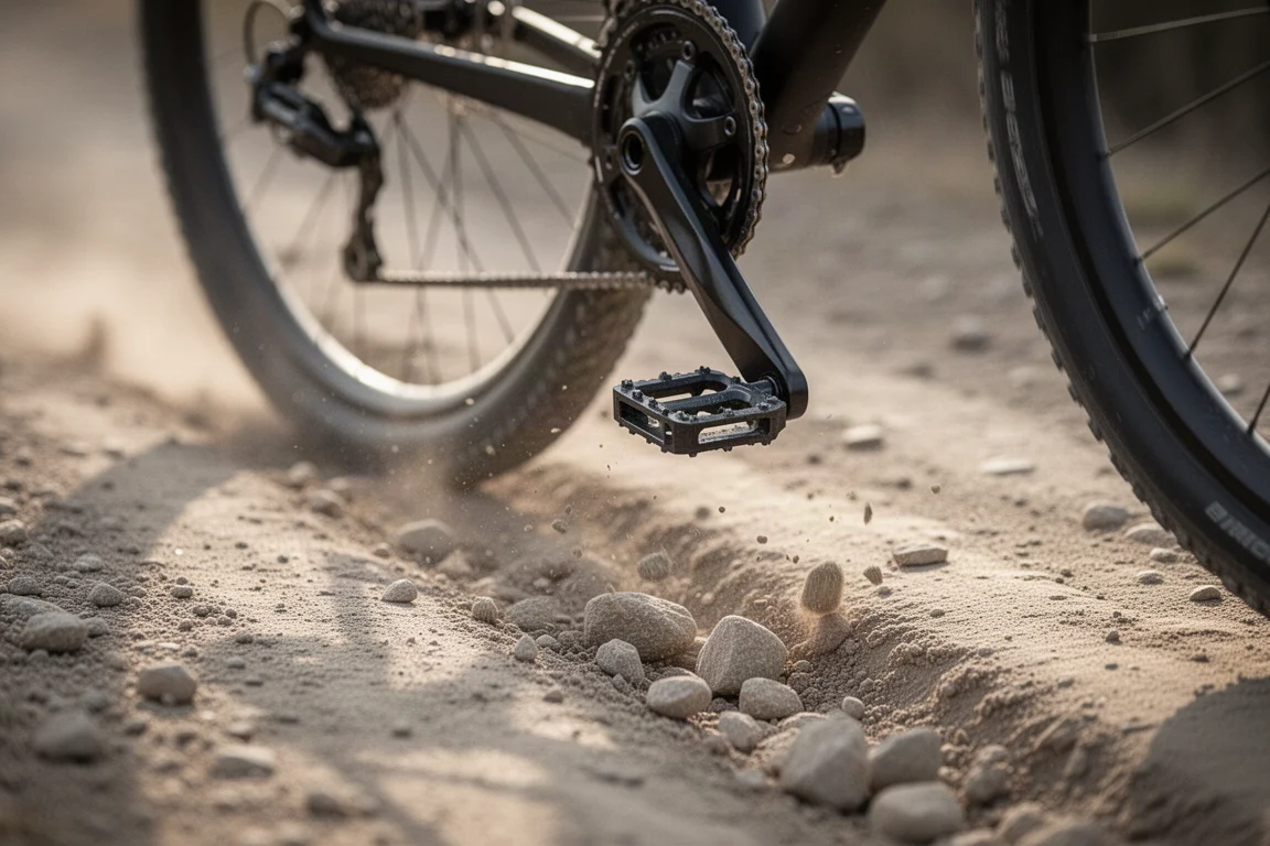 Detail van de bandenclearance van een gravelbike met noppenband op een modderig bospad