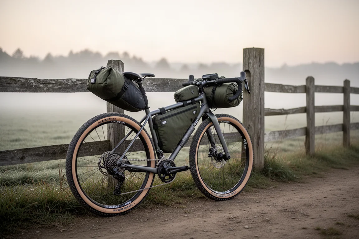 Bepakte gravelbike met frametassen geparkeerd bij een landelijk startpunt bij zonsopgang