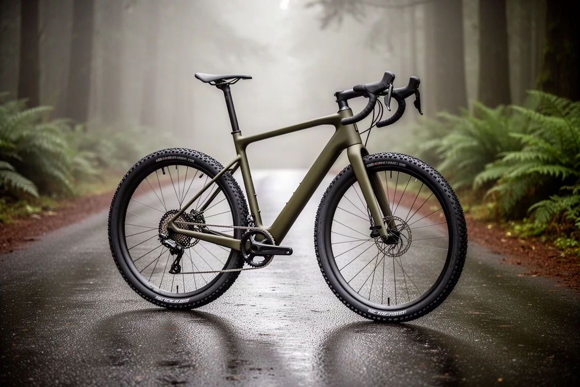 Gravel bicycle with flared drop bars and a rubber boot at the seat cluster on a grey backdrop