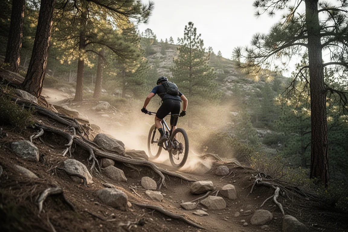 Ciclista de mountain bike cross-country subiendo un sendero empinado, rocoso y cubierto de raíces, visto desde atrás