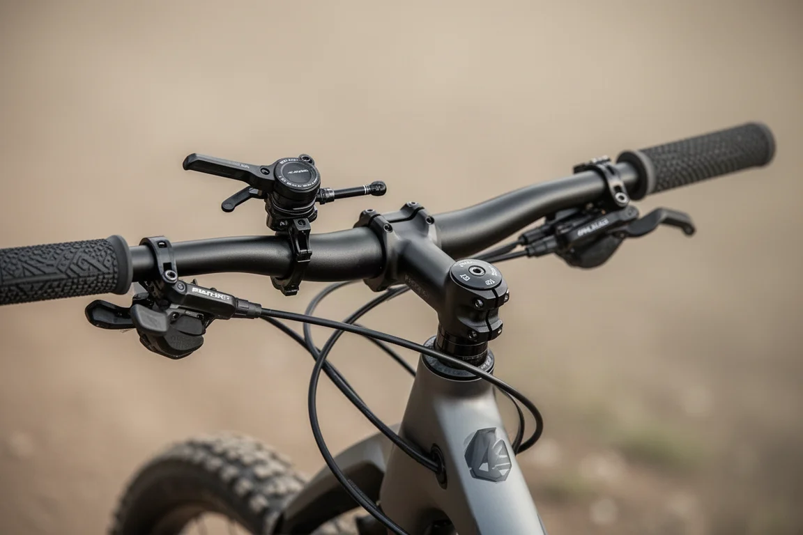 Primer plano del manillar de una mountain bike con palancas remotas y cables en el tubo de dirección