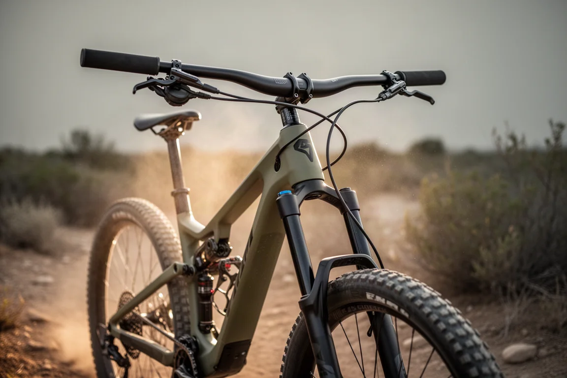 Detalle en ángulo bajo del frontal de una mountain bike en un sendero polvoriento con contraluz cálido