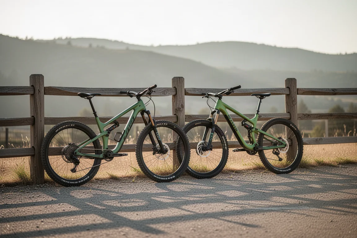Dos mountain bikes apoyadas en una valla de madera en el inicio de un sendero con la luz del atardecer
