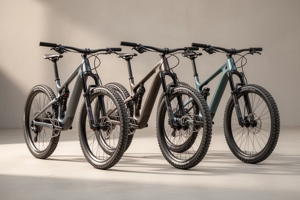 Tres bicicletas de montaña cross-country de doble suspensión alineadas sobre una superficie de hormigón claro