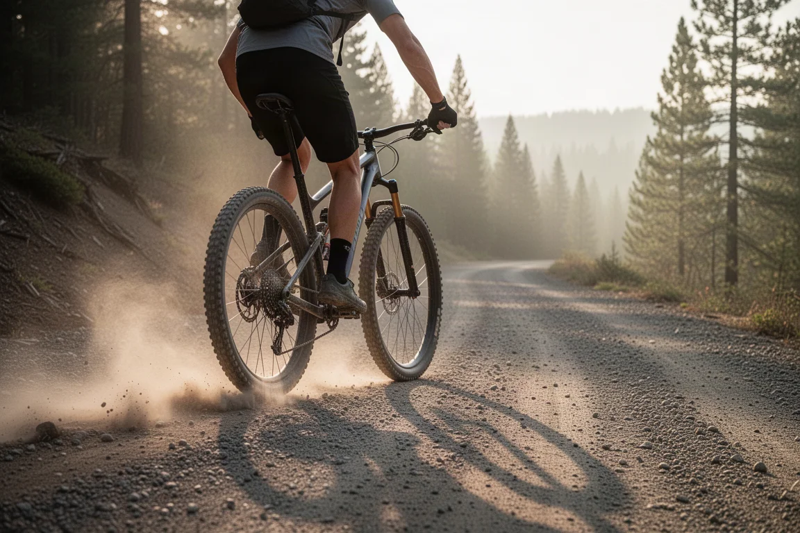 Vététiste cross-country grimpant une piste raide sur un vélo de course tout-suspendu léger