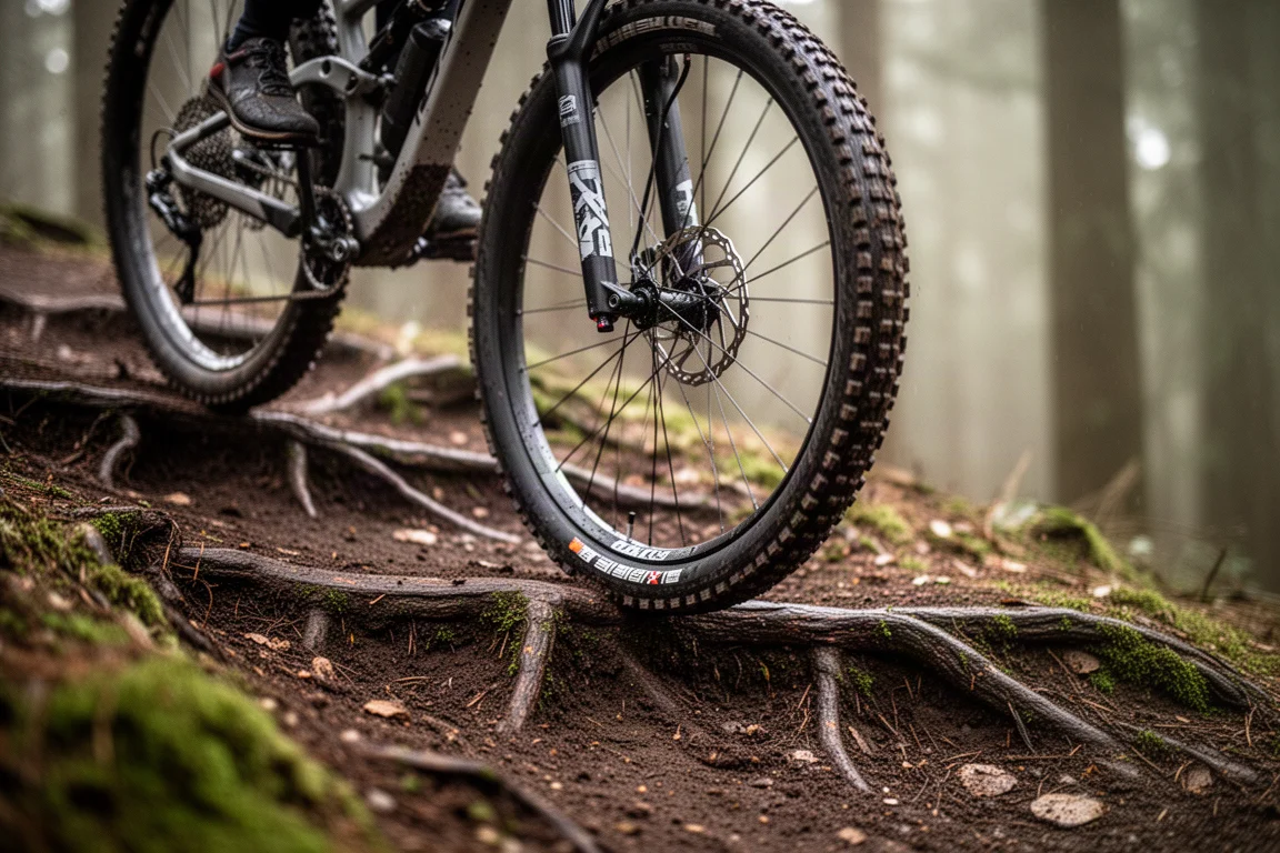 Roue arrière d'un VTT cross-country accrochant des racines meubles sur un sentier en montée