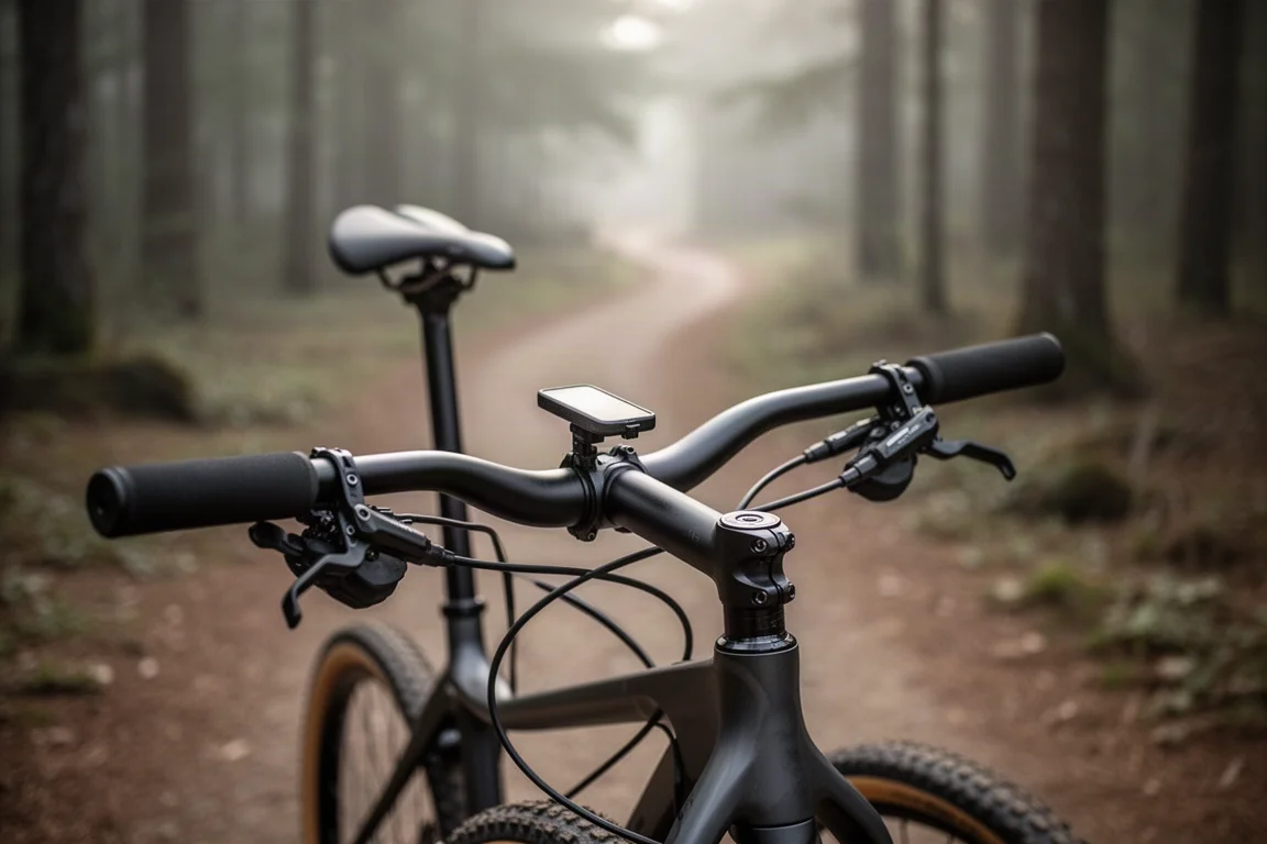 Cintre et potence monoblocs intégrés sur un vélo de course cross-country au départ d'un sentier