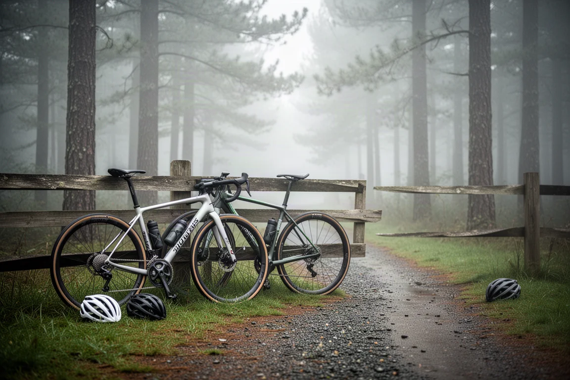 Due bici da gara cross country appoggiate a una staccionata bassa in legno all'inizio di un sentiero nella luce del mattino