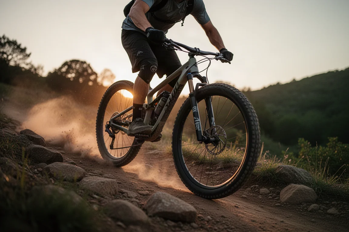 Biker di mountain bike in discesa su un sentiero cross country roccioso durante l'ora d'oro