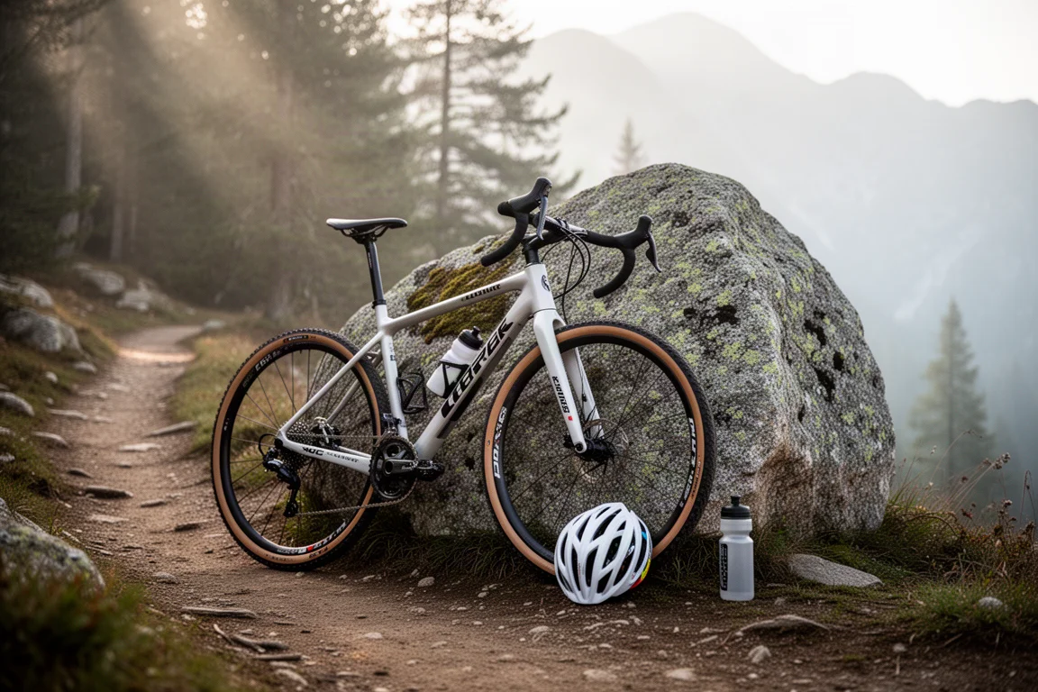 Flat-lay di accessori essenziali per il cross country su una superficie in cemento