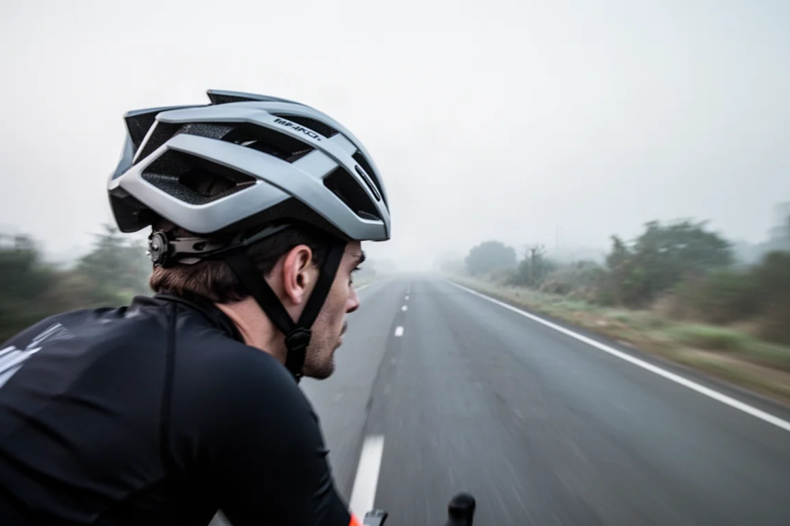 Bovenaanzicht van een aerodynamische racefietshelm met voorste inlaatopeningen en achterste uitlaatopeningen