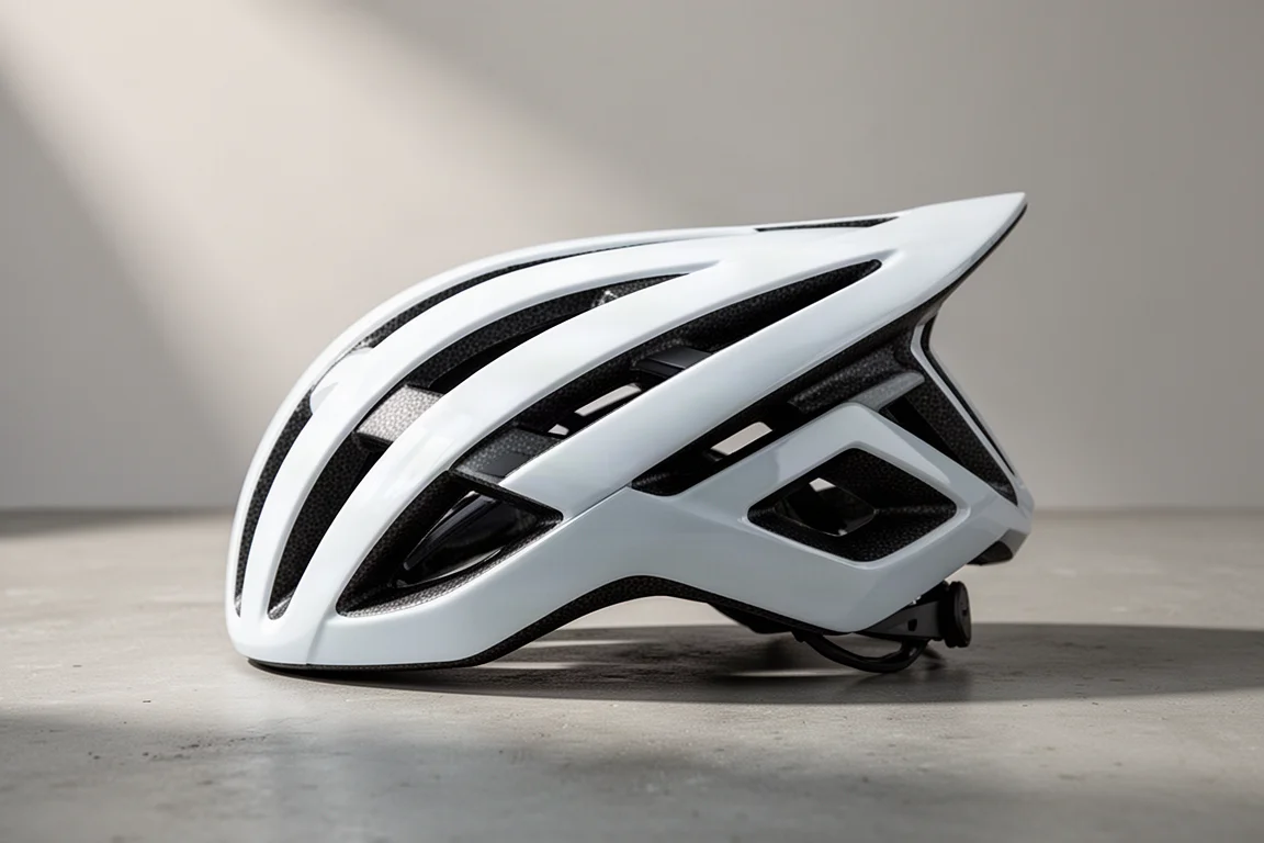マットなコンクリート面の上に斜め前から置かれたエアロロードサイクリングヘルメット