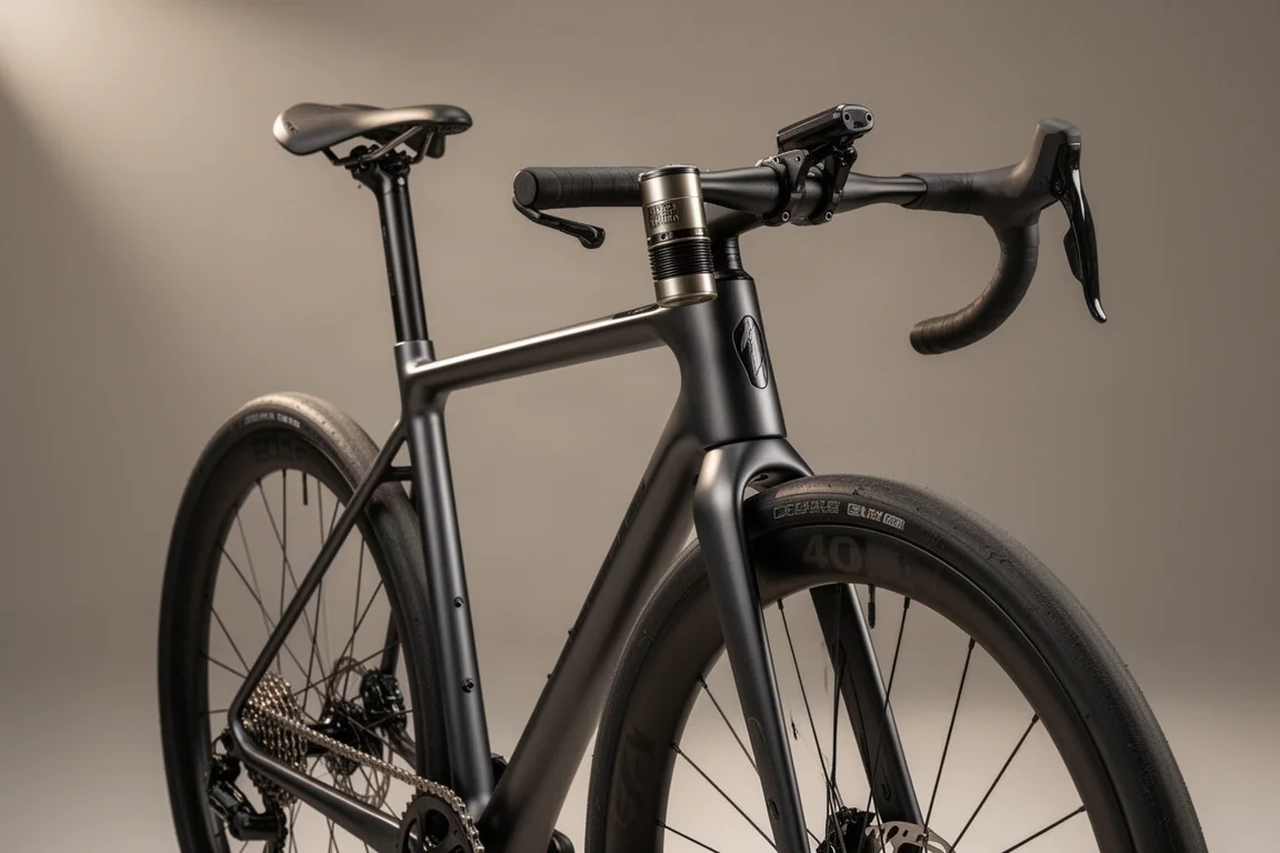 Modern endurance road bike with under-stem suspension collar and wide tires on a grey backdrop