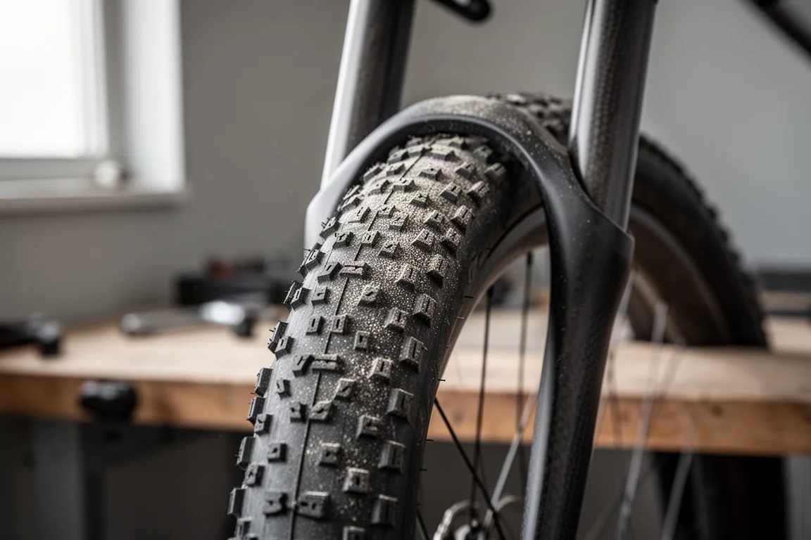 Gros plan d'un pneu gravel large monté dans une fourche de vélo de route, montrant le dégagement