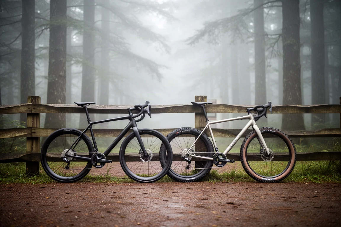 Deux vélos appuyés contre une clôture à l'entrée brumeuse d'un sentier forestier, l'un en pneus route, l'autre en pneus gravel