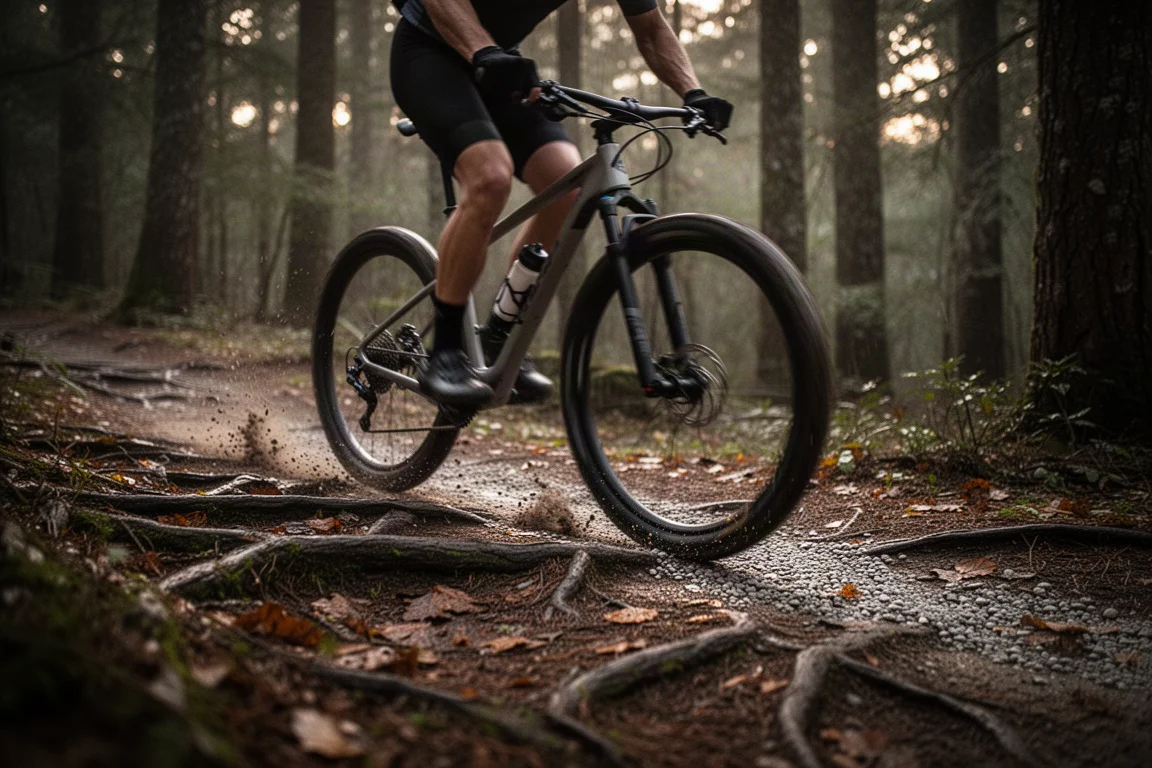 Cycliste roulant vite sur un sentier forestier sinueux et racineux dans une lumière humide de fin de journée