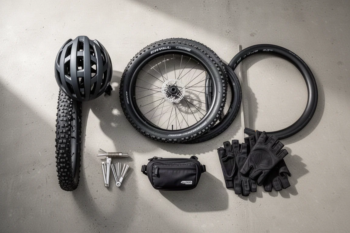 Vue de dessus à plat d'équipement cycliste, casque, pneu route, pneu gravel et outils sur béton