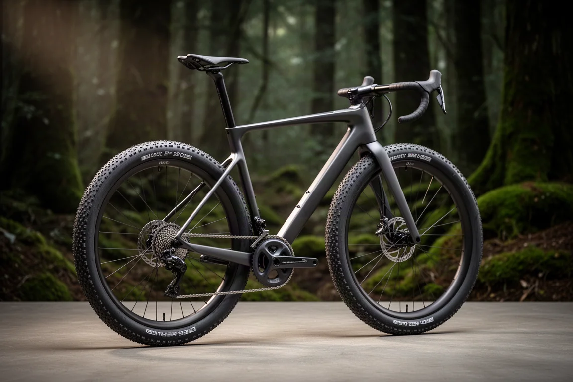 Bici da strada endurance con copertoni gravel larghi su una superficie in cemento, con uno sfondo boschivo sfocato