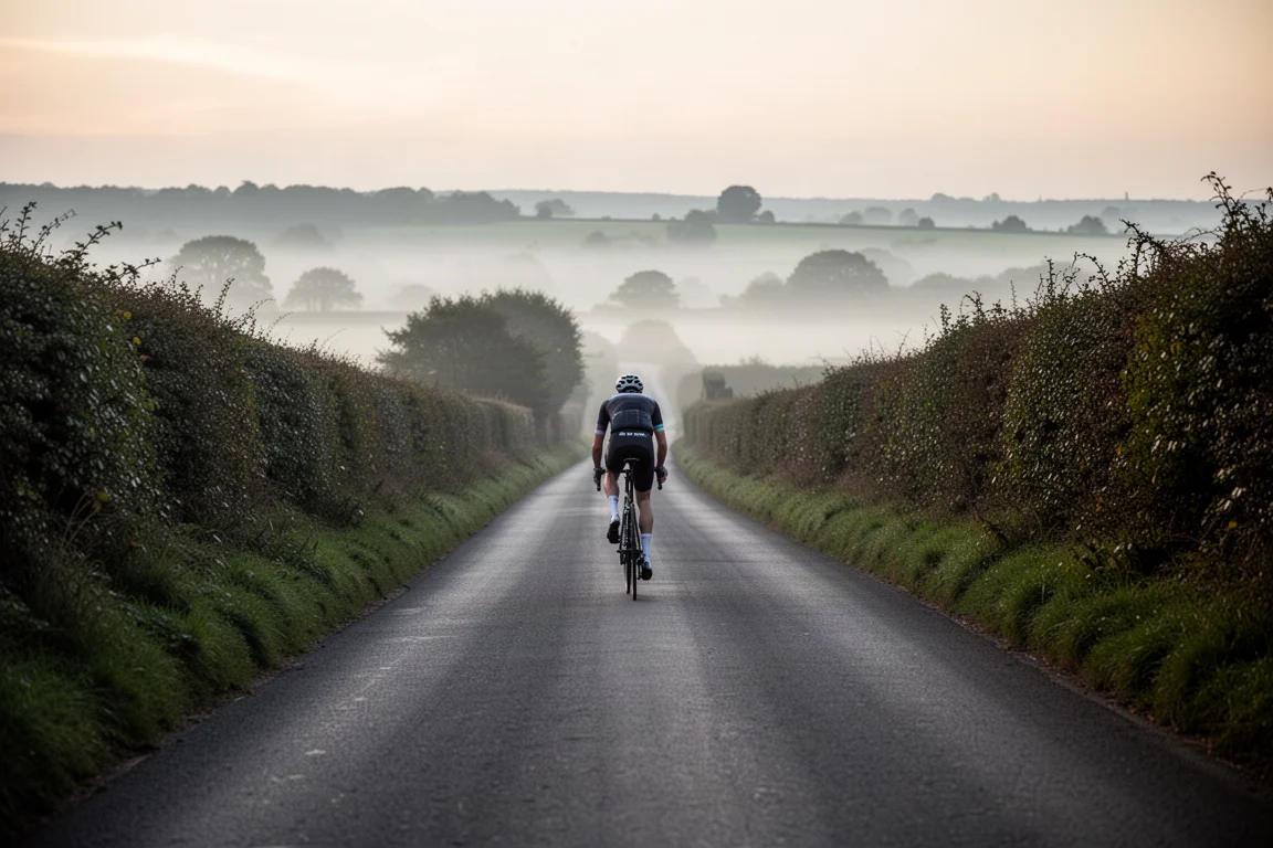 Ciclista subiendo una empinada carretera de montaña con la luz del amanecer