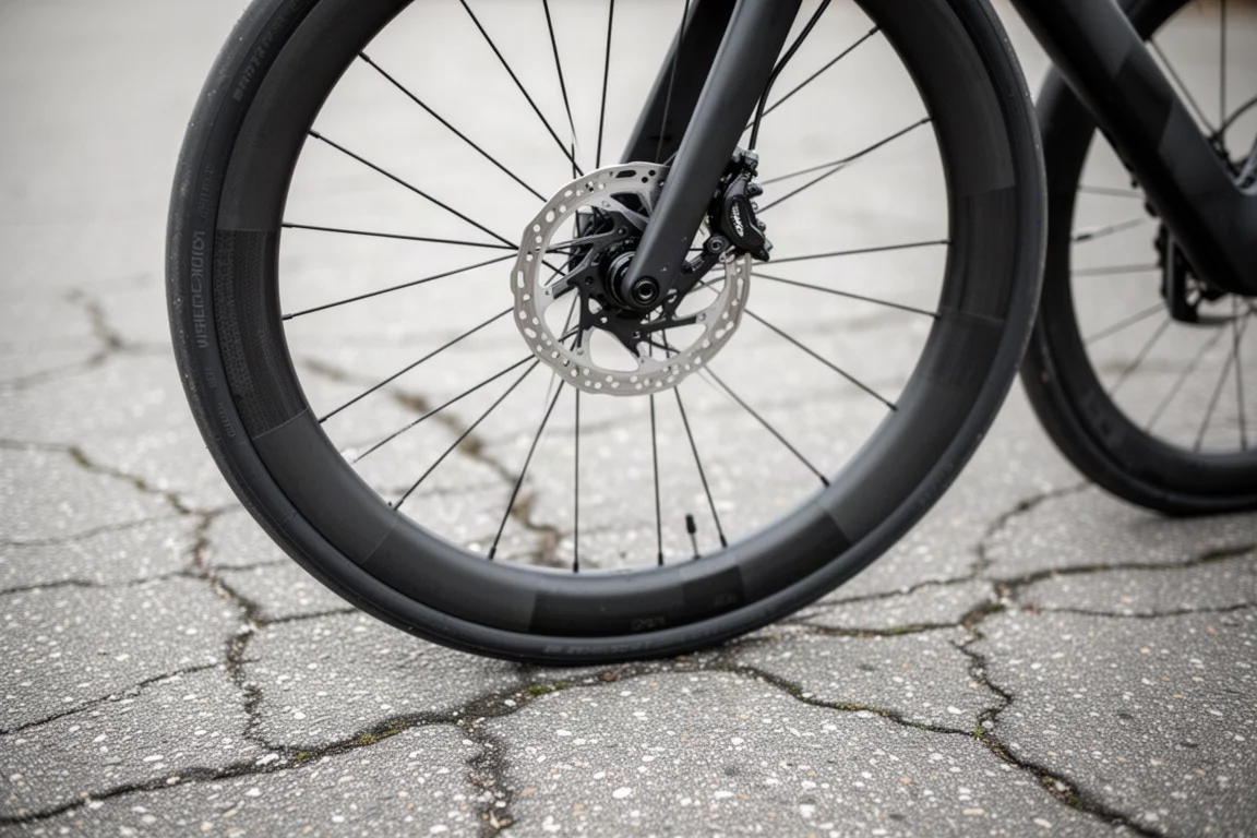 Ciclista de carretera tomando una curva rápida en un descenso suave con fondo desenfocado