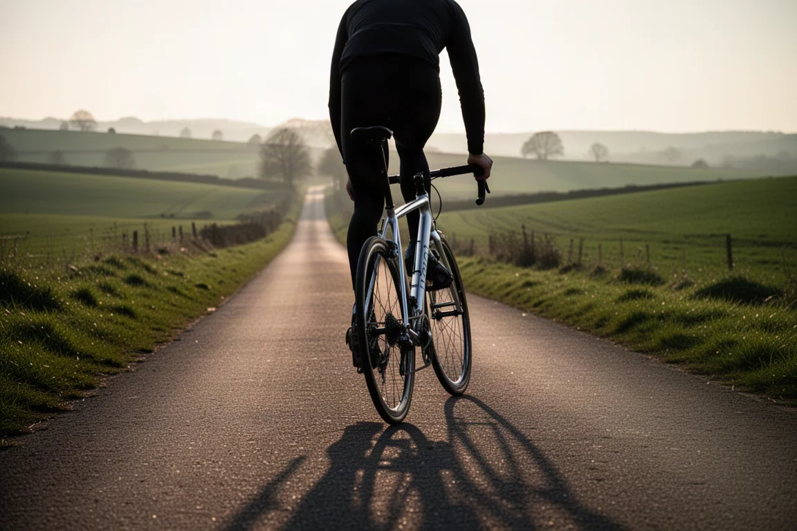 Ciclista pedalando uma bike de estrada de alumínio leve por uma estrada rural tranquila ao amanhecer