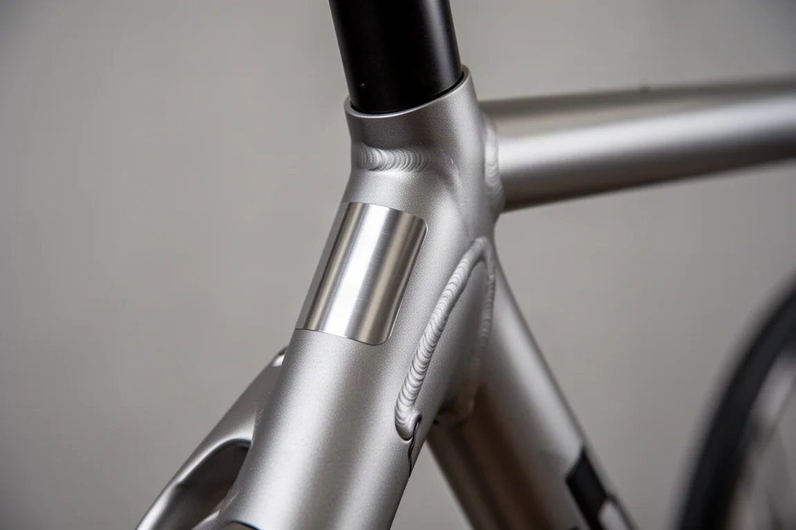 Close-up de um tubo de quadro de bicicleta vermelho acetinado com decalque cromado e solda tênue