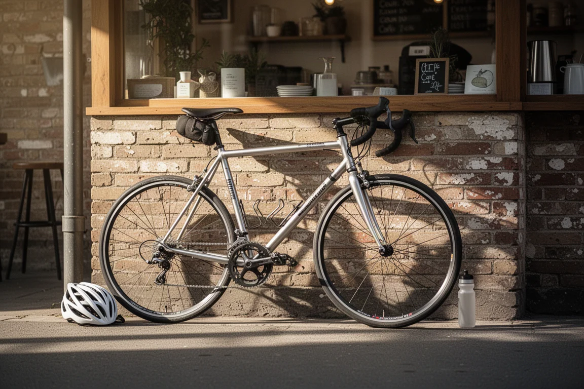Bike de estrada de alumínio usada apoiada em uma parede de tijolos do lado de fora de um pequeno café