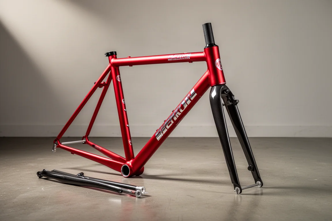 Satijnrood aluminium racefietsframe met chromen decals en een carbon voorvork op beton