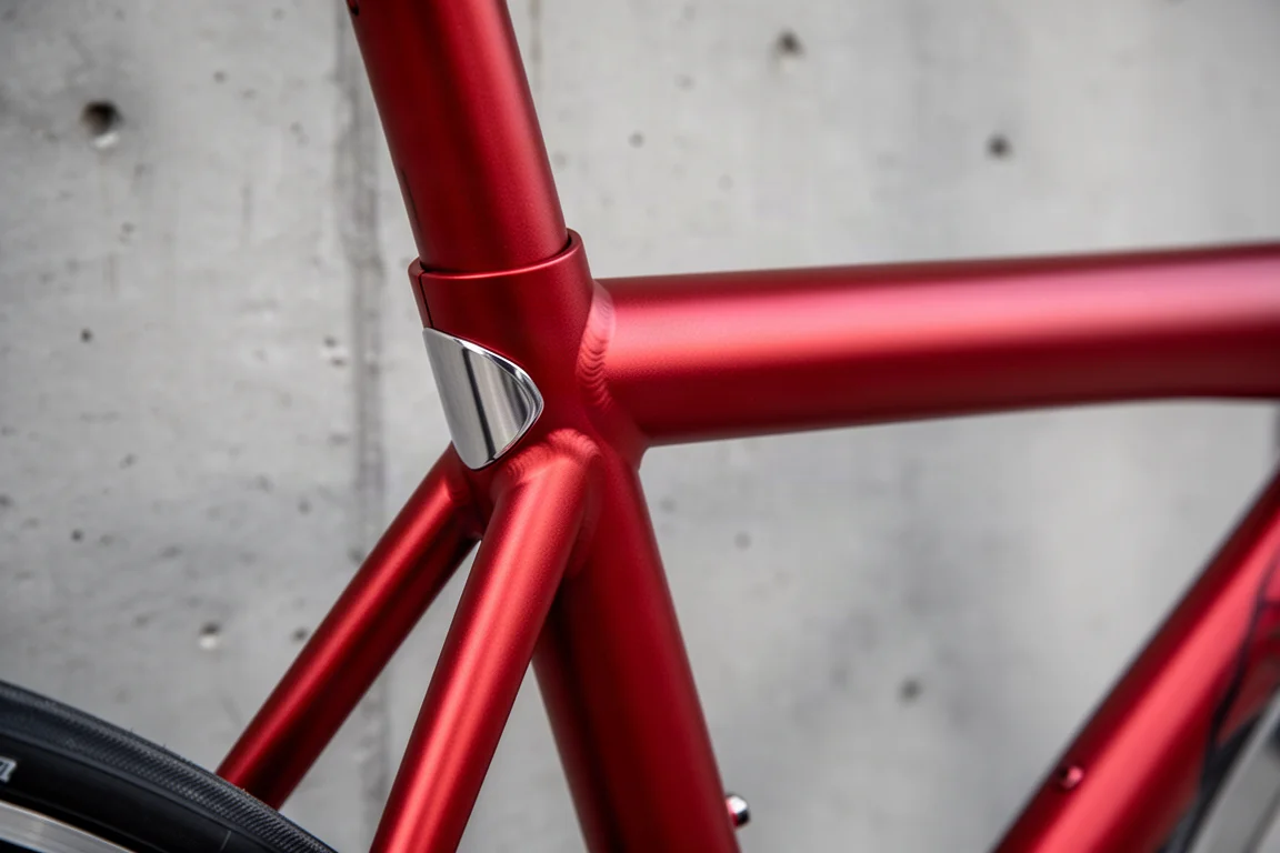 Närbild på ett satinrött aluminiumrör på en cykelram med en slätad svetsfog