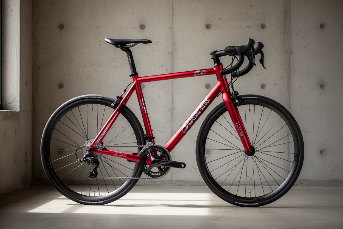 Satin red aluminium road bike with carbon fork and dark wheels against a concrete wall