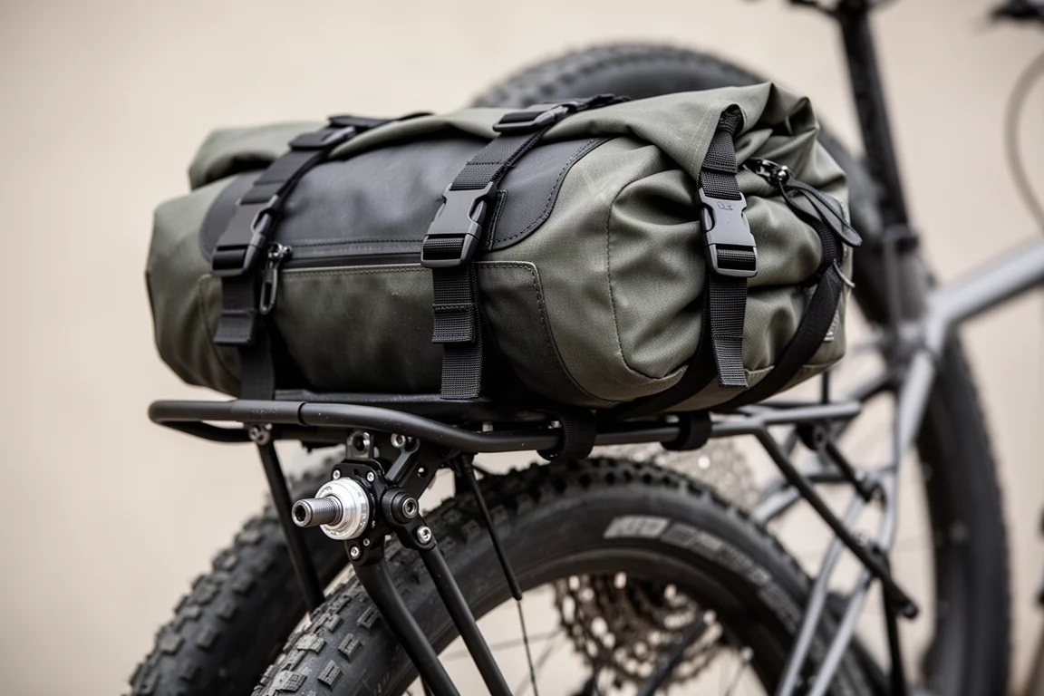 リアアクスルマウントのラックに取り付けたロールトップ式バイクパッキングバッグのクローズアップ