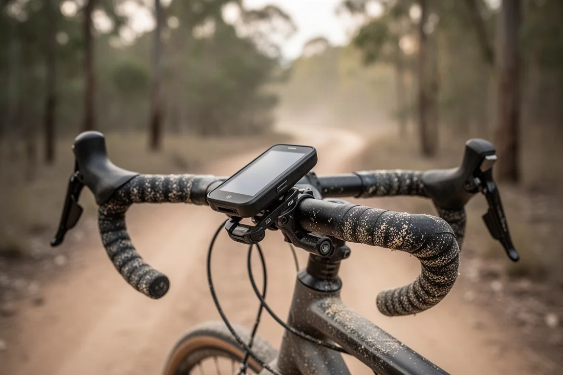 埃っぽいトレイルでアウトフロントマウントに GPS コンピューターを取り付けたグラベルバイクのハンドルバー