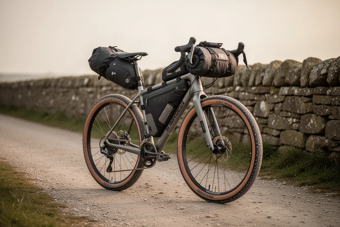 Beladen carbon gravelbike met bikepackingtassen geparkeerd naast een lage stenen muur