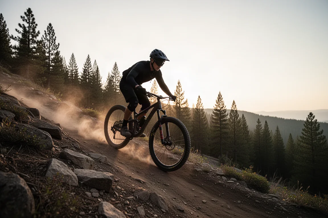 Cross-country mountain biker climbing a steep rocky singletrack at first light