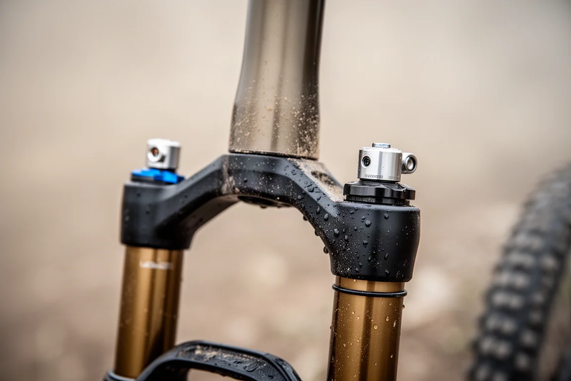 Close-up of a mountain bike fork crown and rear shock with small servo units mounted on the damper