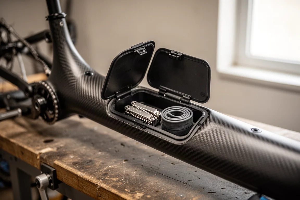 Carbon mountain bike frame down tube with an open storage compartment hatch on a workshop bench