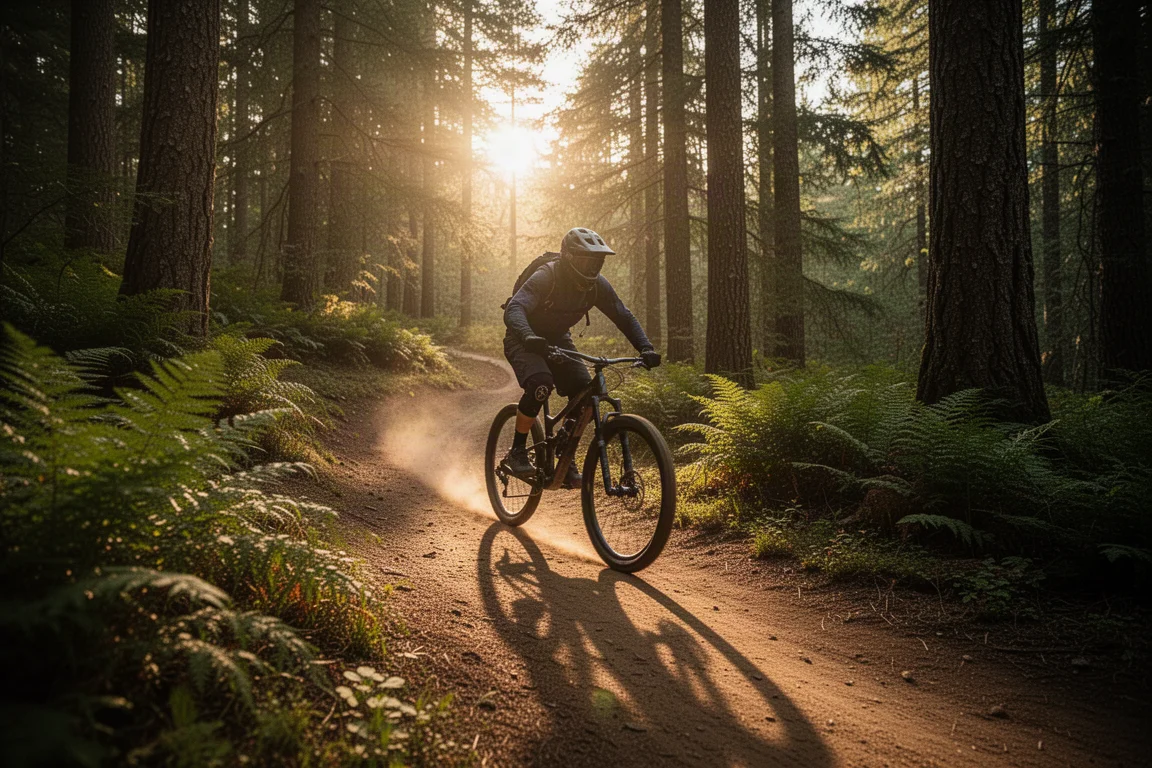 Mountain biker descending a flowing forest trail at golden hour with long shadows