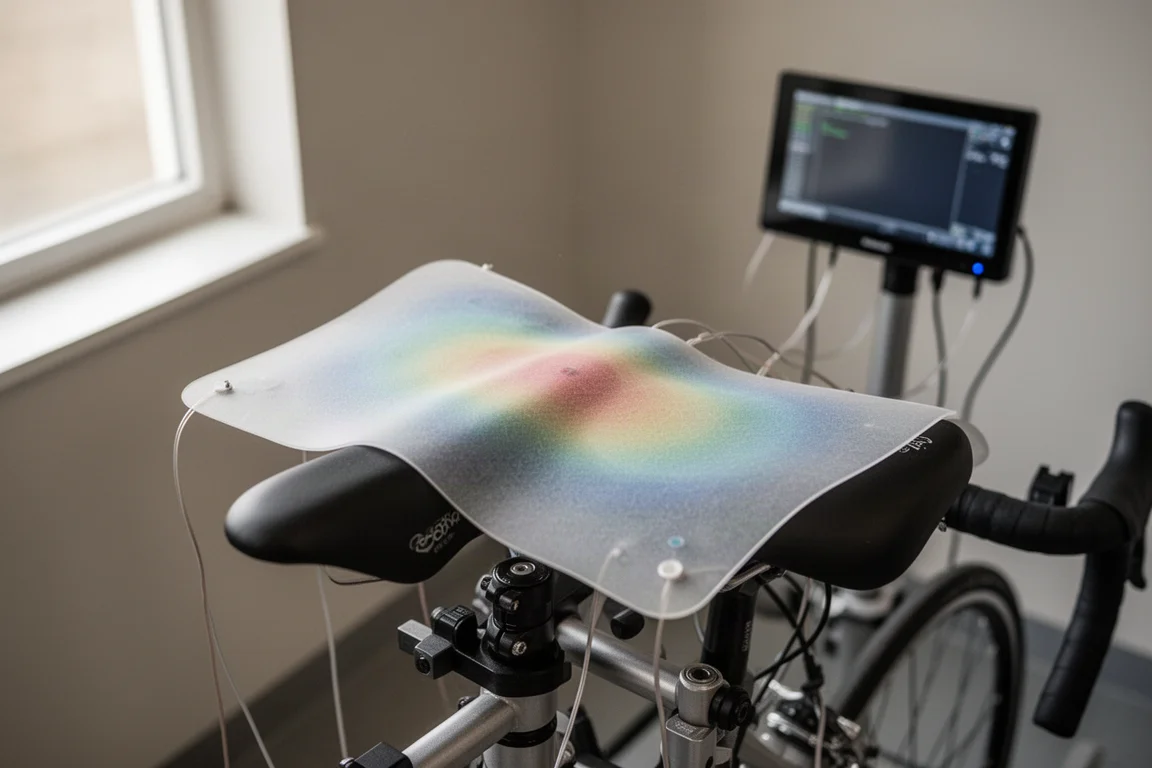 Drucksensor-Matte über einem Fahrradsattel auf einem Bike-Fitting-Gestell