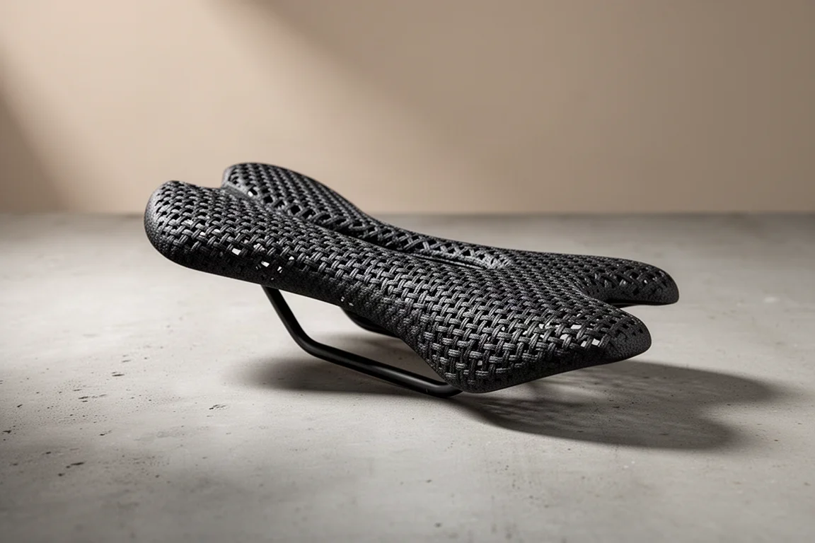 Short-nosed road cycling saddle with 3D printed lattice upper on a concrete surface