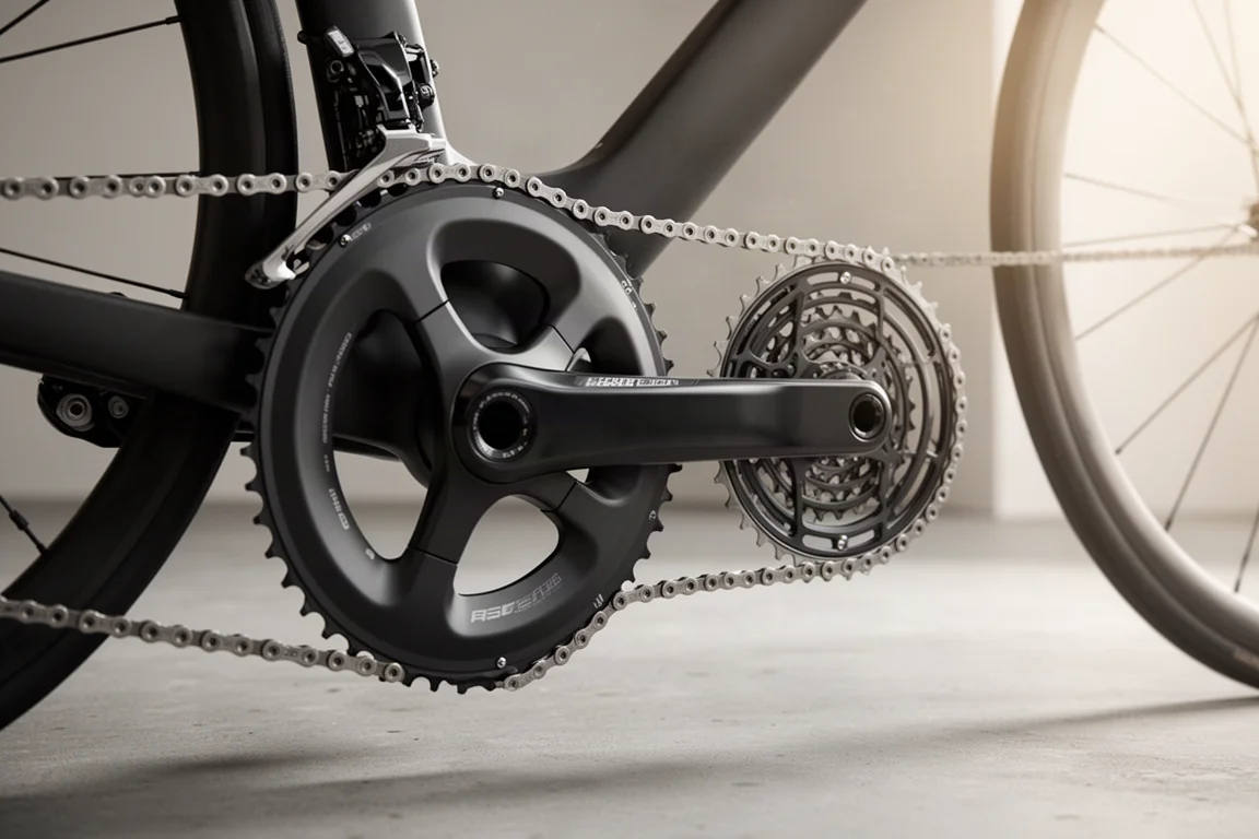 Dettaglio di una trasmissione con una grande corona singola su una bicicletta da cronometro