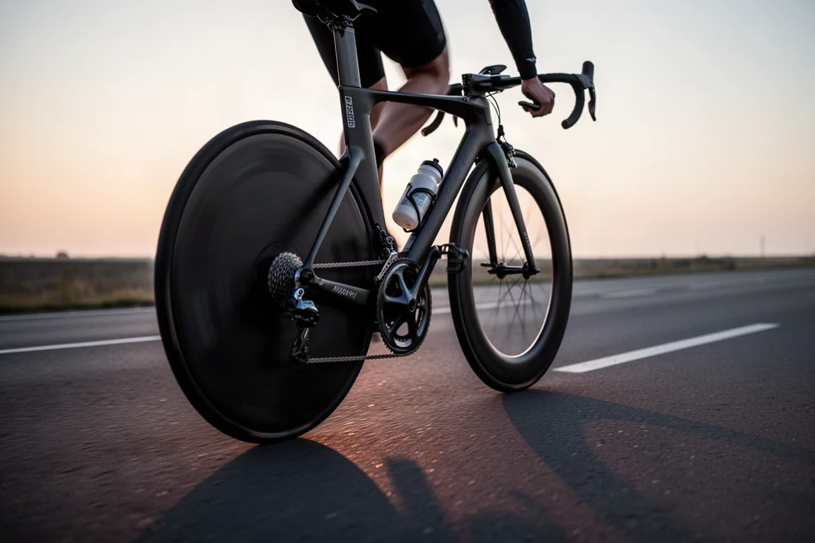Bicicletta da cronometro in gara su una strada pianeggiante al crepuscolo con ruota posteriore a disco