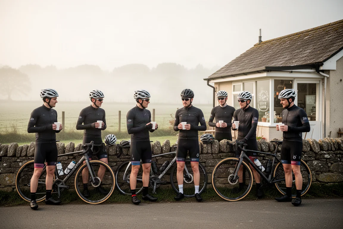Cyclists gathered outside a rural cafe with road bikes leaning against a low wall