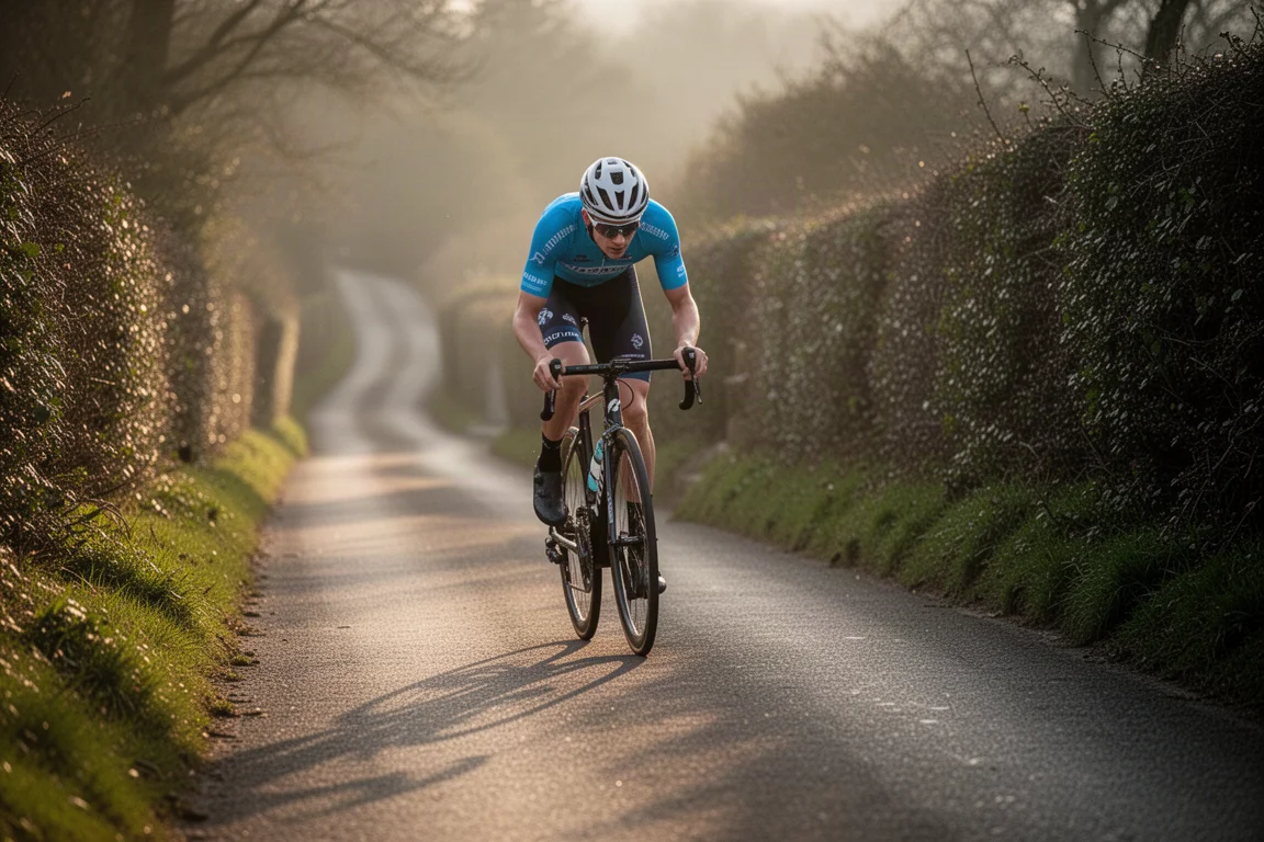 Road cyclist climbing a short steep hill out of the saddle in golden light