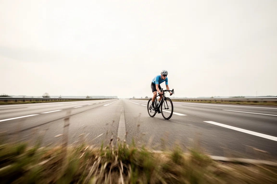 Road cyclist riding at speed along a wide open dual carriageway