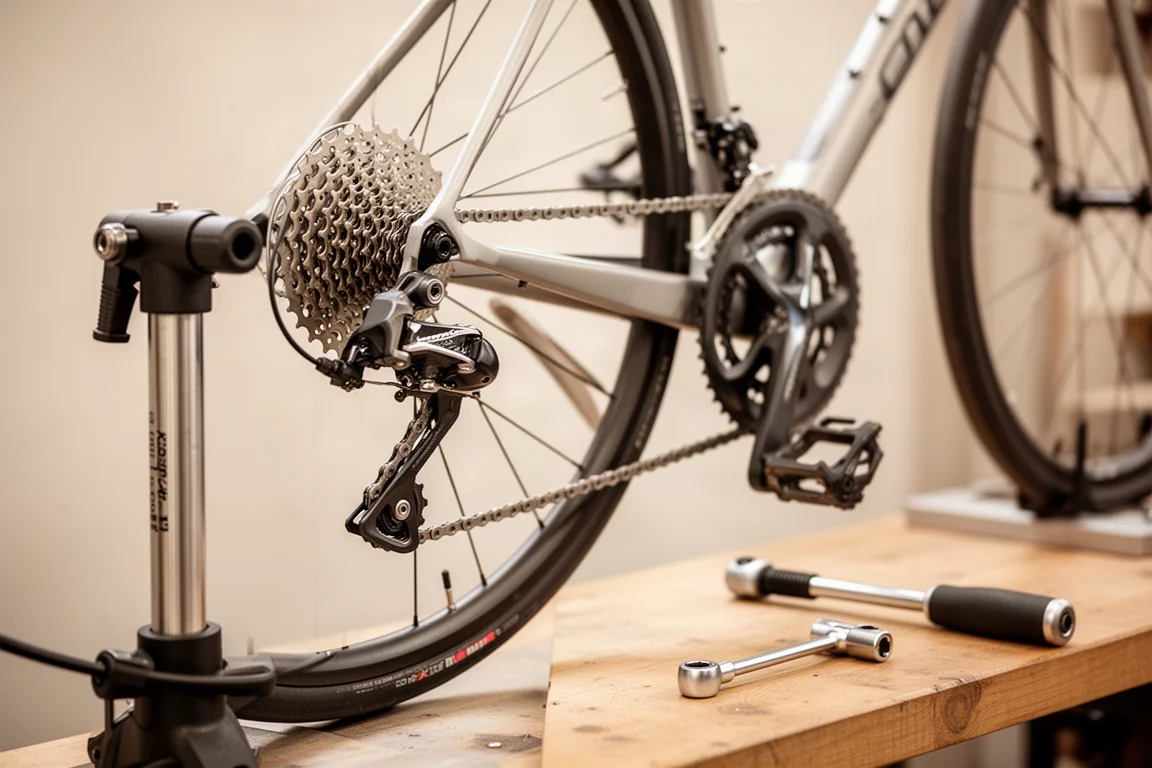 Road bike on a work stand in a workshop with tools laid out on a bench
