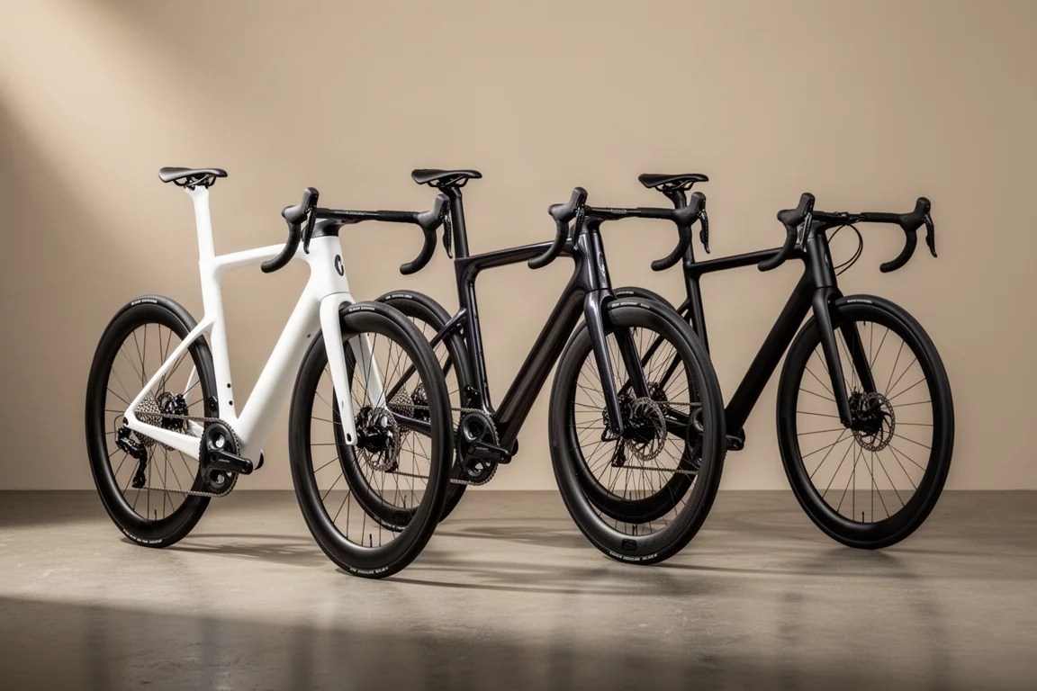 Three aero road bikes lined up on a concrete floor under soft studio light