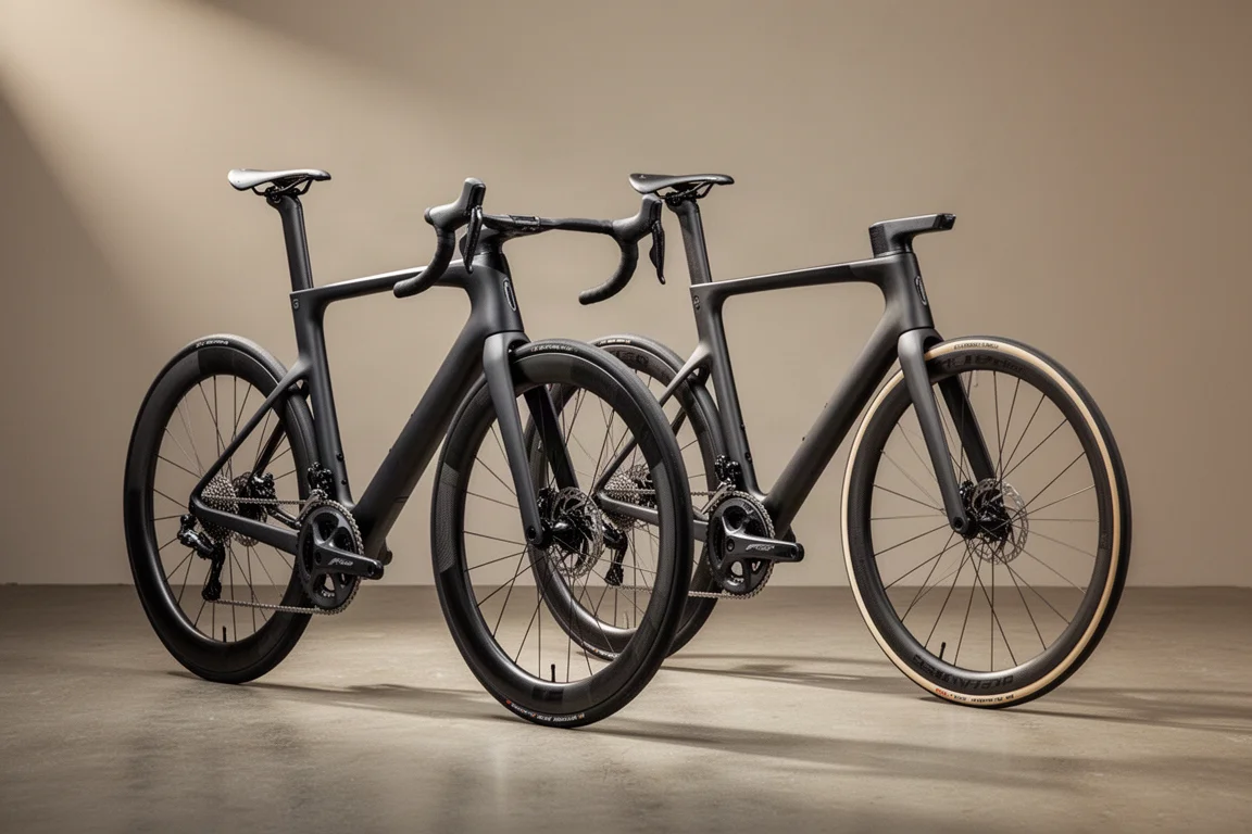 灰色の背景を背にしたコンクリートの床の上に並ぶ2台のカーボンロードレースバイク