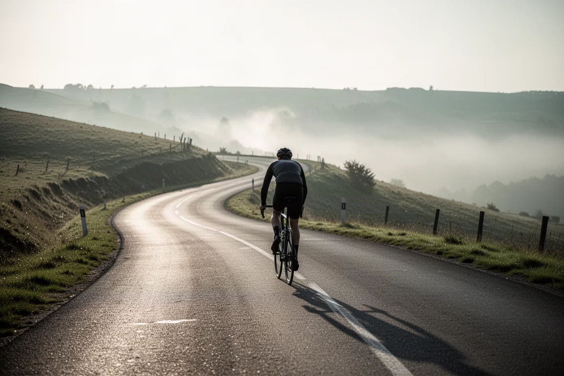 Cycliste grimpant une route goudronnée raide dans la lumière basse du matin