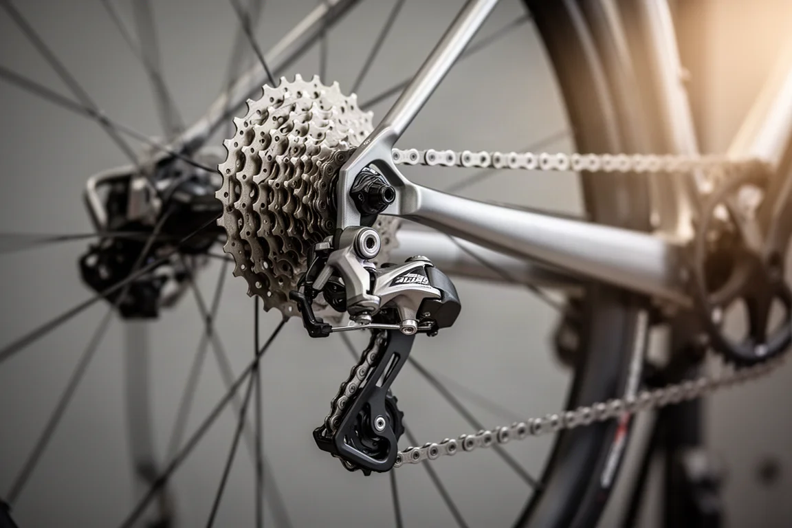 Gros plan sur une transmission de vélo de route et un dérailleur arrière sur un pied d'atelier